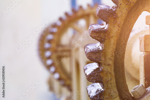 Vintage elevator gear, winch, cable, large gears for backdrop, industry photo