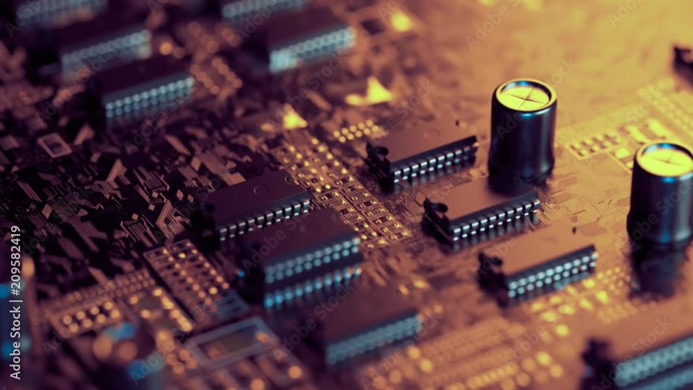 PCB or printed circuit board with microchips and capacitors. Loopable video. 4k