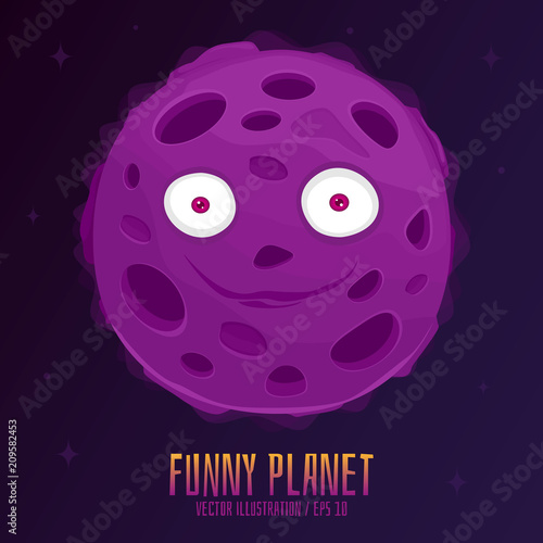 Funny planet with eyes in space background. Vector illustration in flat style. EPS 10.