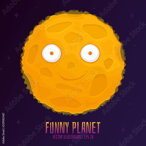 Funny yellow planet with eyes in space background. Vector illustration in flat style. EPS 10.