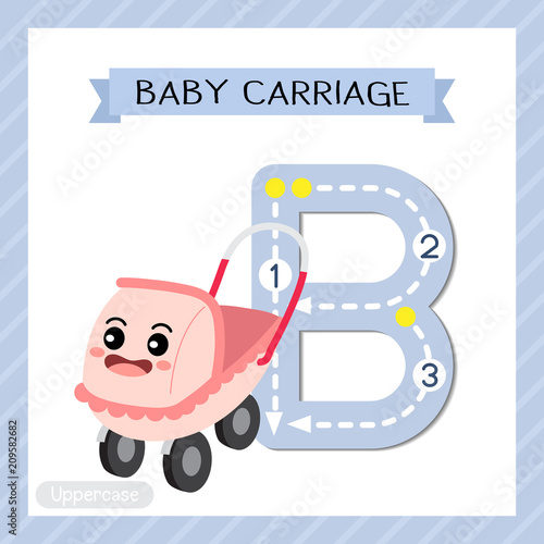 Letter B uppercase cute children colorful transportations ABC alphabet tracing flashcard of Baby Carriage for kids learning English vocabulary and handwriting Vector Illustration.