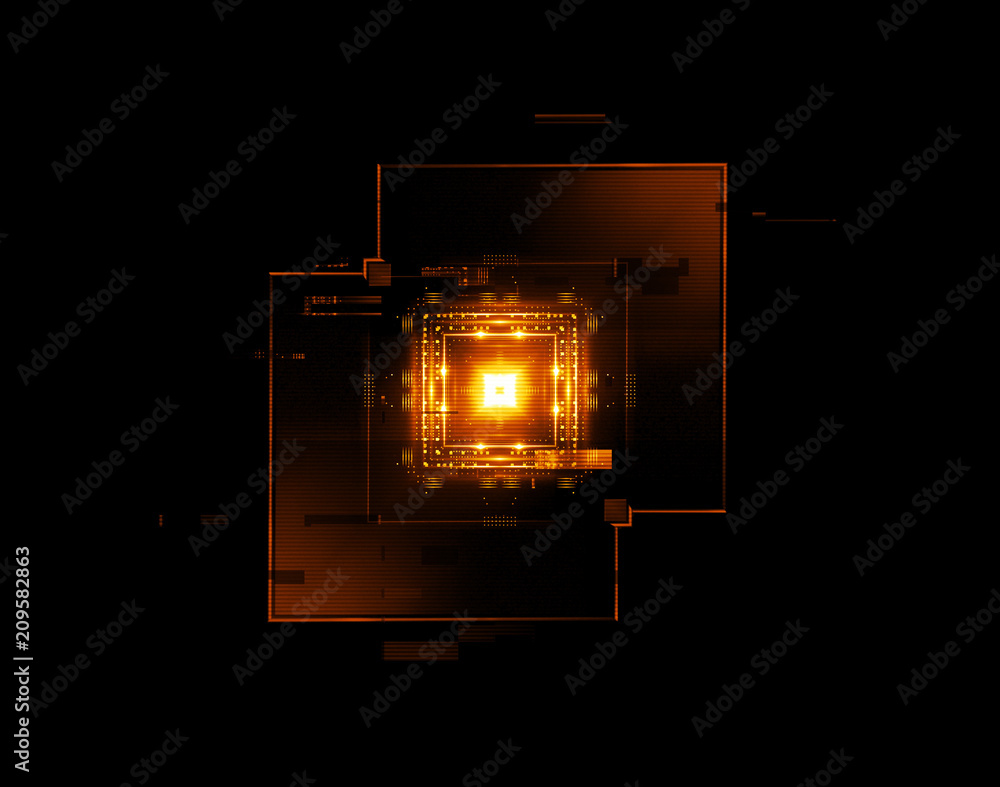 Fototapeta premium Information CPU engineering..Modern technology. Computer communications. Light effect. Big data center. Hologram. Blockchain..Super system. Smart core. Research and development. Digital signal error