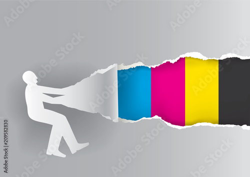 Paper male silhouette ripping paper with print colors.
Concept for presenting color printing.Place for your text or image. Vector available. 