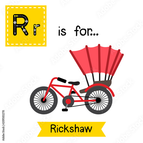 Letter R cute children colorful transportations ABC alphabet tracing flashcard of Rickshaw for kids learning English vocabulary Vector Illustration.