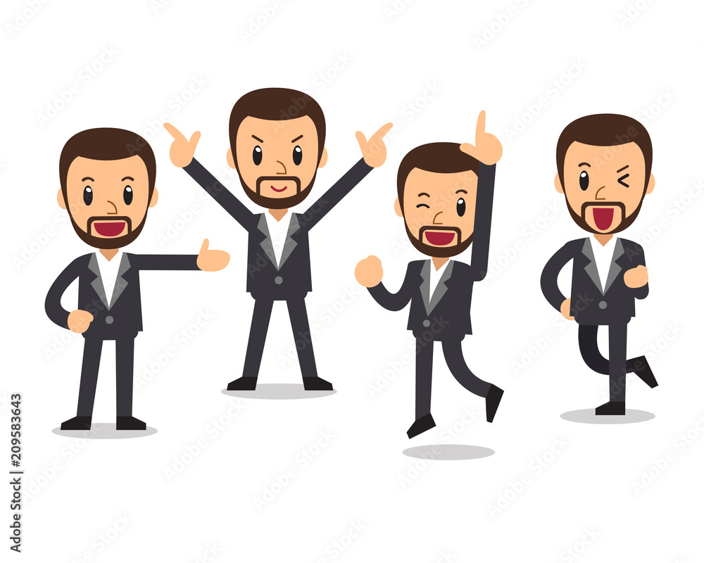Set of vector cute cartoon businessman character poses for design. Set of vector cute cartoon businessman character poses for design.