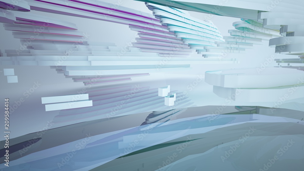 custom made wallpaper toronto digitalAbstract white and colored gradient glasses interior multilevel public space with window. 3D illustration and rendering.