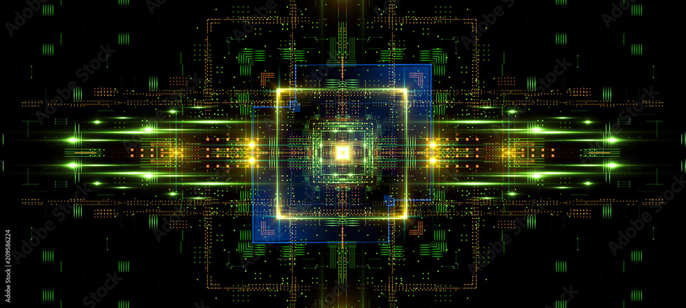 Obraz premium Information CPU engineering..Modern technology. Computer communications. Light effect. Big data center. .Super system. Smart core. Research and development. Virtual reality.