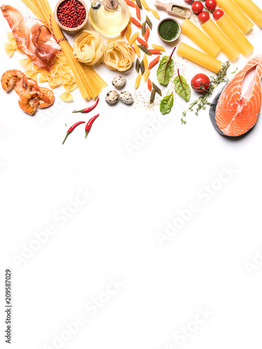 Uncooked ingredients for preparing italian pasta.