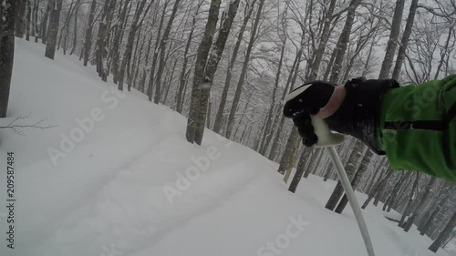4K gopro chest mount skier  extreme in forest  skiing on fresh powder snow at winter