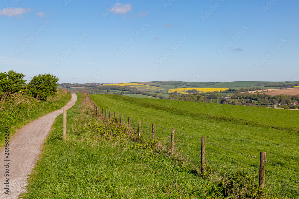 A pathway along green fields in the South Downs, Sussex