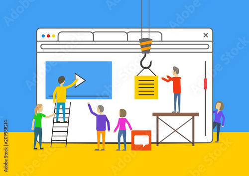 Abstract web-site creation process. Small people working on web design. Web site construction team. Vector flat illustration.
