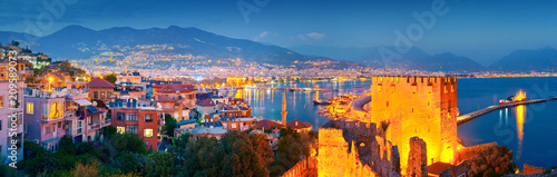 Panoramic view of Alanya harbour at night. Alanya, Turkey