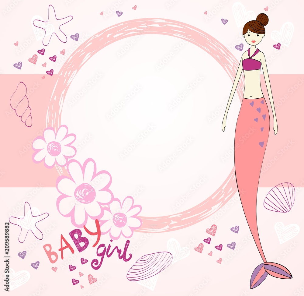 Vector beautiful baby shower card with mermaid. Vector beautiful baby shower card with mermaid.