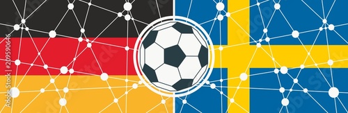 Flags of countries participating to the football tournament. Germany and Sweden national flags. Soccer ball in the center. Connected lines with dots