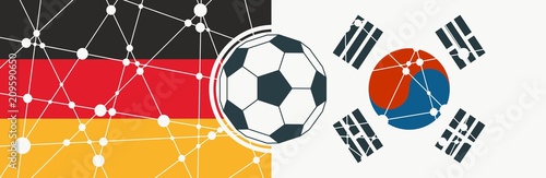 Flags of countries participating to the football tournament. Germany and South Korea national flags. Soccer ball in the center. Connected lines with dots