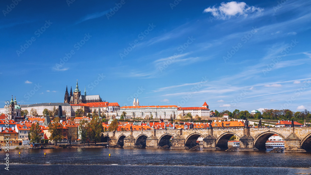 Skyline view panorama of Charles bridge (Karluv Most) with Old Town in Prague. Czech Republic