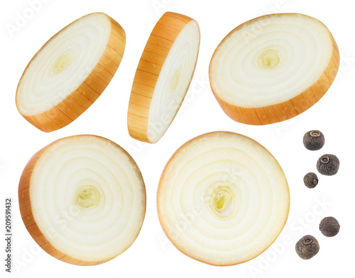 Onion slices and black pepper isolated on white background