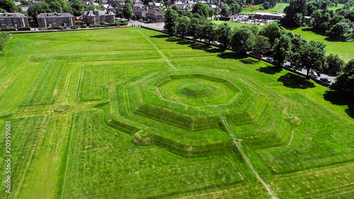 Aerial image of the King’s Knot at the base of the castle rock in Stirling. A series of earthworks which show the outline of an early 17th century formal garden.