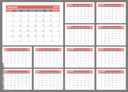 2019 calendar. English calender. Сolor vector template. Week starts on Sunday. Business planning. New year planner. Clean minimal table. Simple design