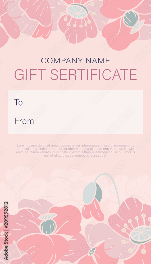 Design a gift certificate with a frame of decorative poppies. Flat style. Pastel colors. Vector. Vertical