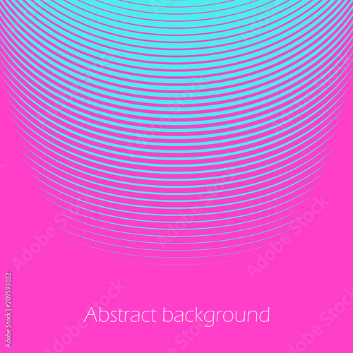 Square abstract background with striped halftone pattern in neon colors. Texture of gradient semicircle line ornament. Design template of flyer, banner, cover, poster. Vector 
