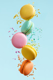 Macaron Dessert. Colorful Macaroons Flying