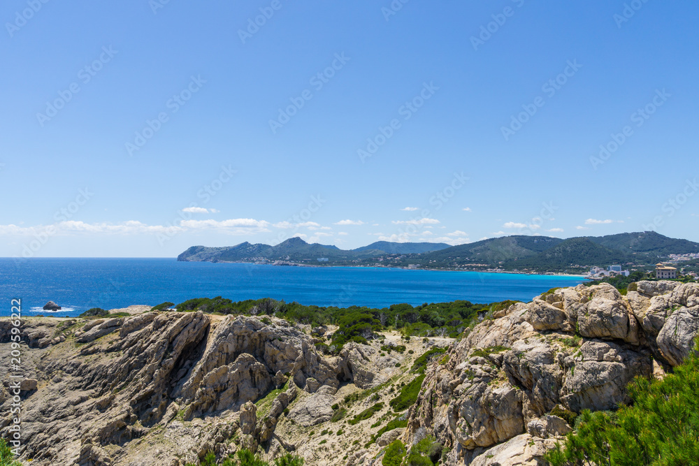 Mallorca, Houses and coast of Cala Ratjada from rocky hills of capdepera