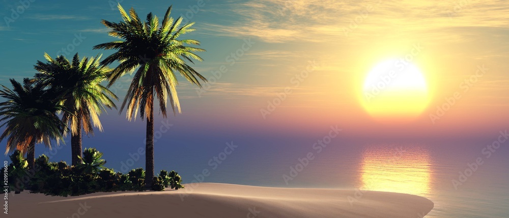 island with palm trees in the ocean, tropical beach,
3D rendering
