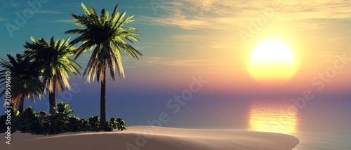island with palm trees in the ocean, tropical beach, 3D rendering 