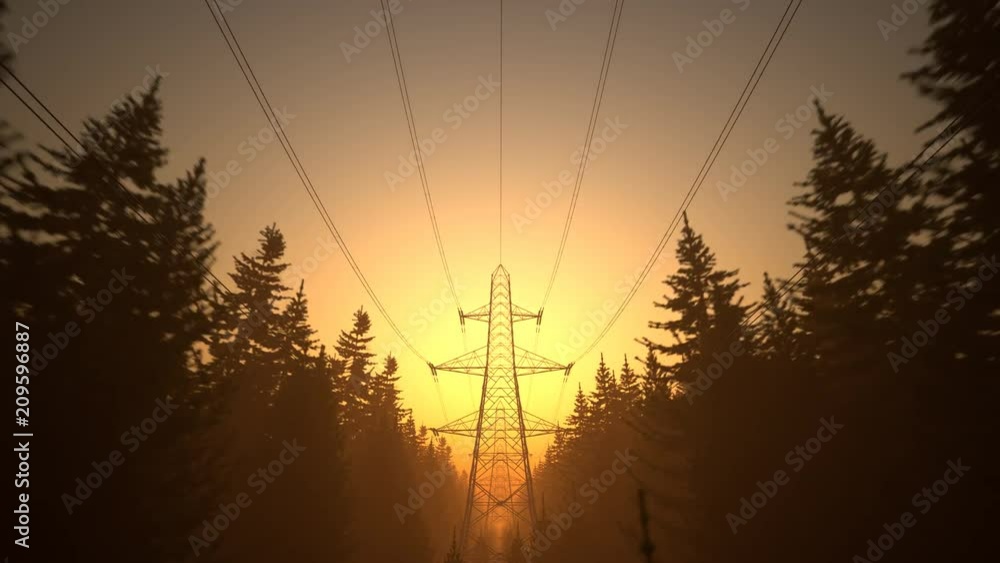 Loopable shot of high voltage electricity pylons during sunset. Orange sky. 4k