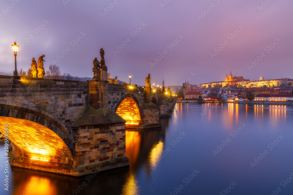 Charles Bridge (a.k.a. Karluv most, Stone Bridge, Kamenny most, Prague Bridge, Prazhski most) over Vltava river in Prague, Czech Republic.