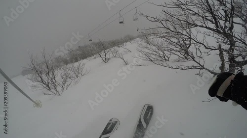 4K gopro chest mount skier  extreme in forest  skiing on fresh powder snow at winter