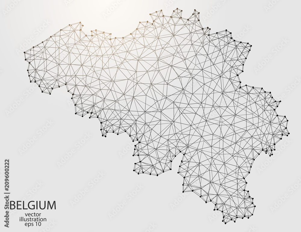 A map of Belgium consisting of 3D triangles, lines, points, and connections. Vector illustration of the EPS 10.
