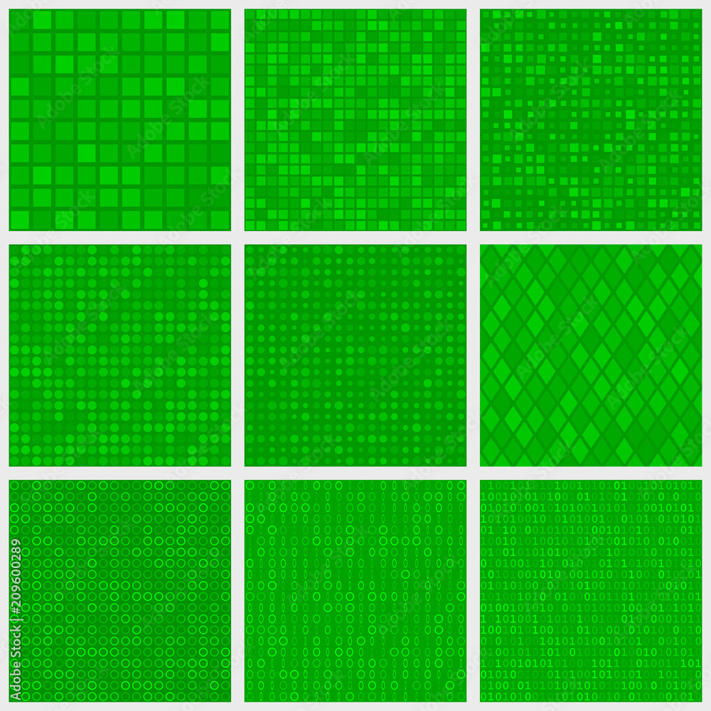 Set of abstract seamless patterns of small elements or pixels of various shapes in green colors