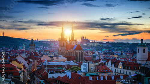 Famous Tyn Church on Old Town Square, Prague castle is visible in the background. Prague, Czech Republic