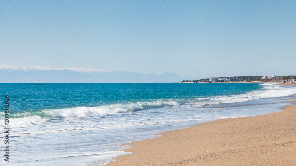 Kleopatra Beach.  The view looking out to sea from Kleopatra Beach in southern Turkey.  The beach is close to the point where Manavgat River enters the Mediterranean Sea.
