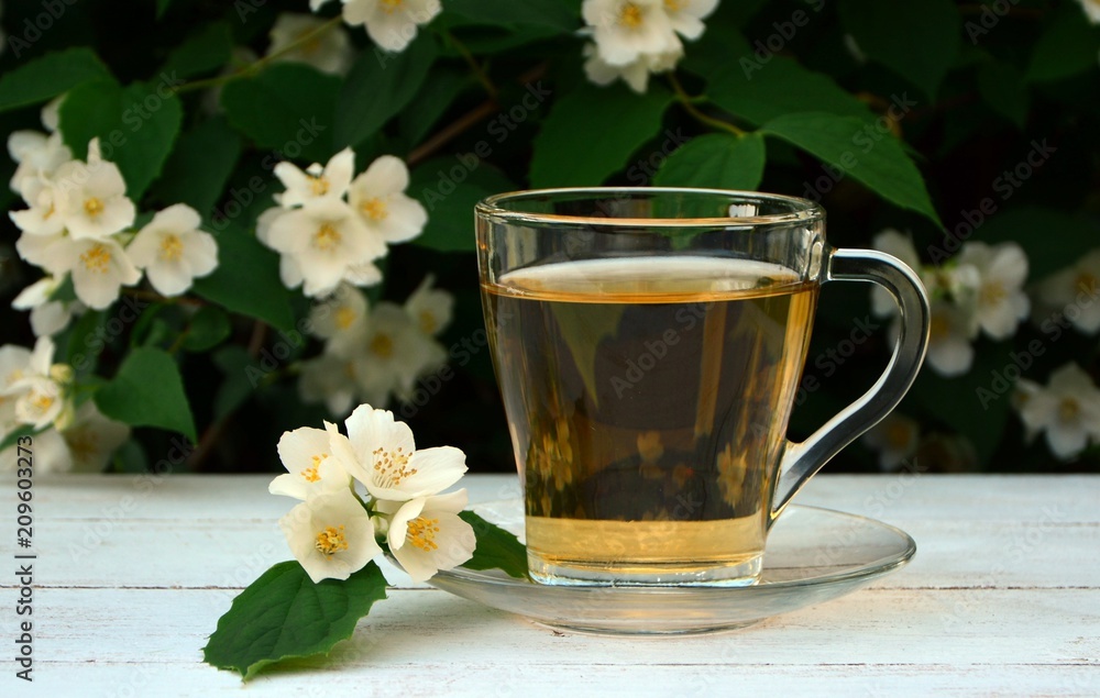Morning tea with fragrant jasmine flowers in the garden next to the flowering jasmine bush. Morning tea with fragrant jasmine flowers in the garden next to the flowering jasmine bush.