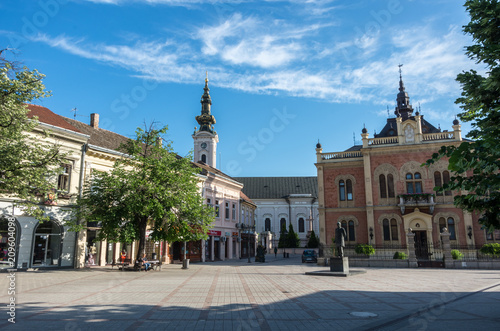 Monument of Jovan Jovanovic Zmaj, in front of and neo-classical architecture of Vladicin Court Palace of Bishop in Novi Sad, Serbia.