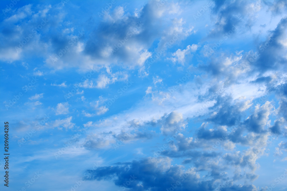 Fototapeta premium Evening blue sky with clouds at sunset. Clouds are illuminated by the rays of the setting sun.