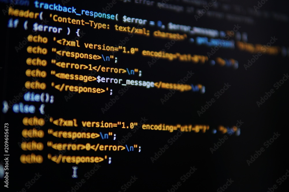 Simple website HTML code with colorful tags in browser view on dark ...
