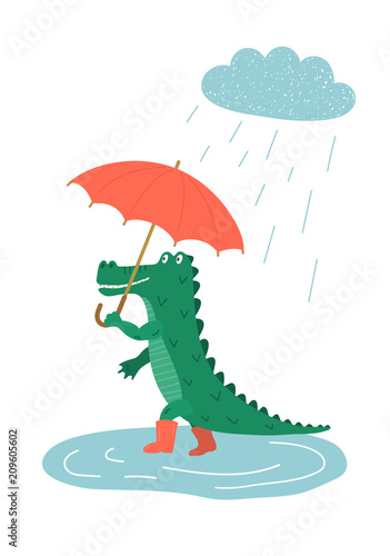 Crocodile. Cute hand drawn crocodile with red umbrella walking in the rain. Children's vector illustration. 