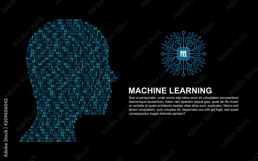 Machine learning. Artificial Intelligence. Technology background with a person's head consisting of bits and code programs.