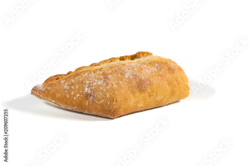 Piece of fresh french baguette isolated on white background
