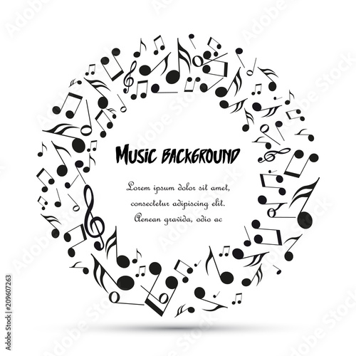 Vector decoration of musical notes in the shape of a circle. Music background
