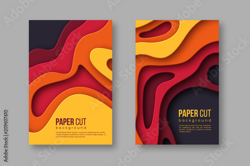 3d paper cut vertical banners. Shapes with shadow in Autumn colors - yellow, orange, burgundy and violet. Design for decoration, business presentation, posters, flyers, prints. Vector.