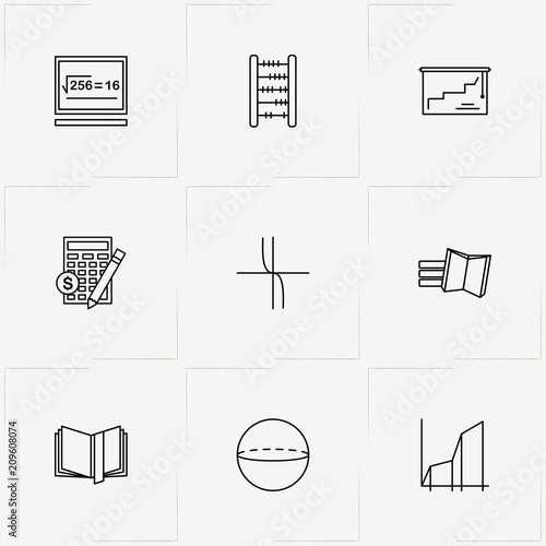 Mathematics line icon set with graphics, coordinate axis and book