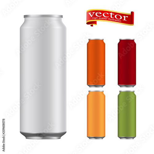 Set of realistic metallic, aluminum red, green, orange, burgundy and blank cans 500 ml