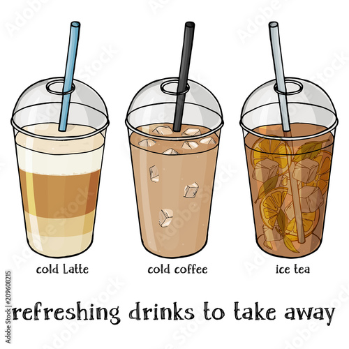 Set of soft summer drinks in a plastic Cup to take away. Iced coffee, Iced Latte and tea. Colorful vector illustration in sketch style.