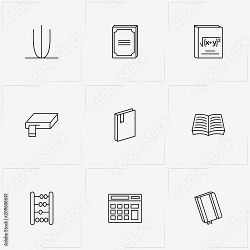 Mathematics line icon set with calculator, math book and book