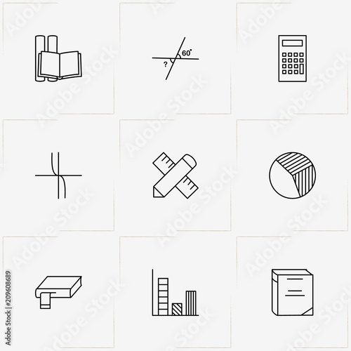 Mathematics line icon set with book, coordinate axis and mathematics angles